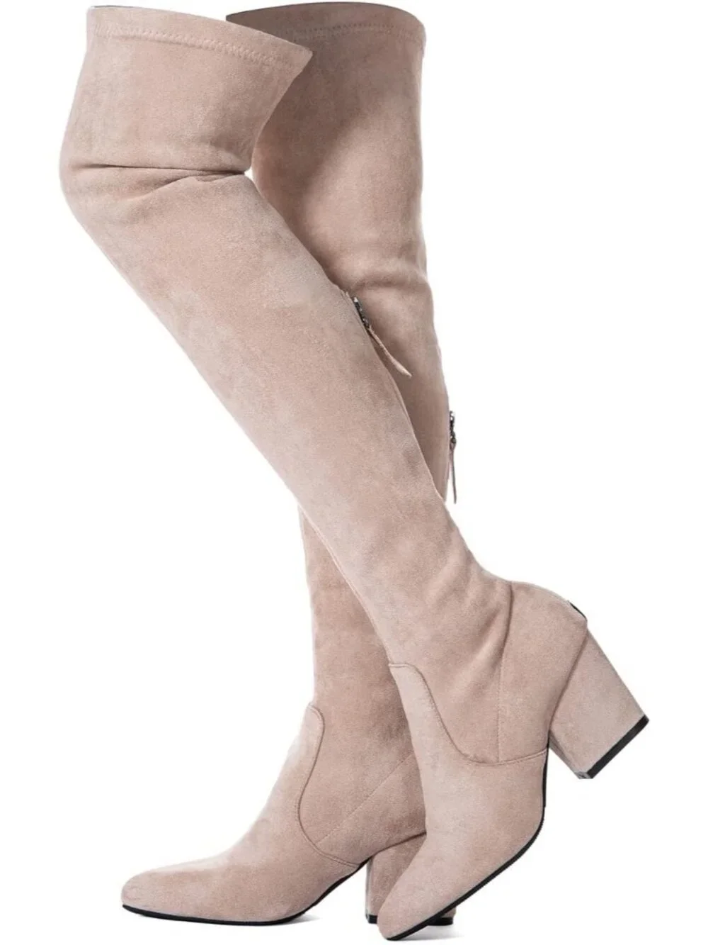 Women's Khaki 3 Inch Pointed Toe Chunky Block Heel Over The Knee High Boots